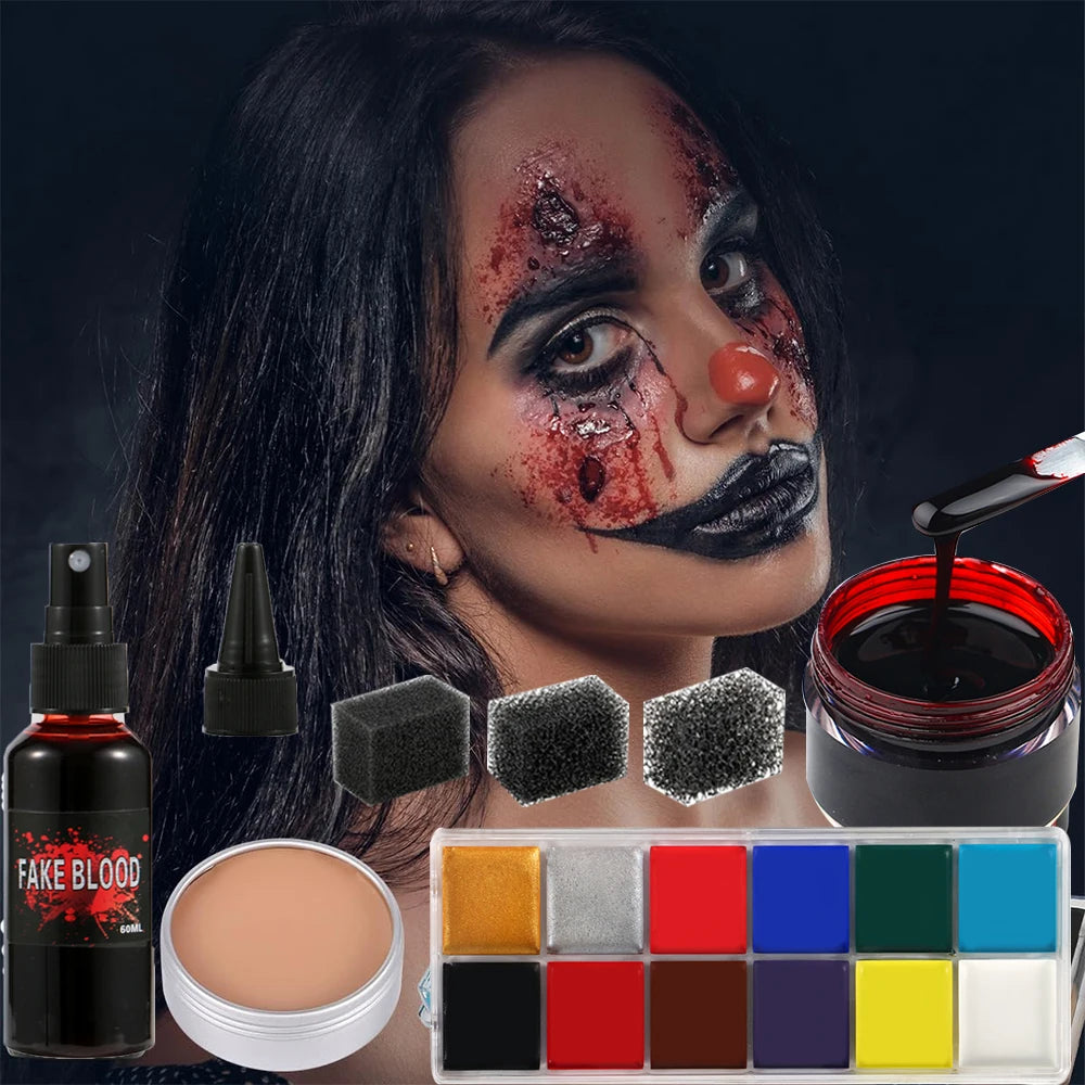 Special Effects SFX Halloween Makeup Kit - 12 Colors Face Body Paint Palette + Scar Wax with Spatula Tool + Fake Blood+Spong